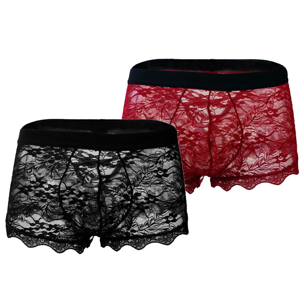 Men's Sexy Underwear Lace Transparent Mesh Low Waist Boyshort Black Red Mens Underwear Boxers Breathable