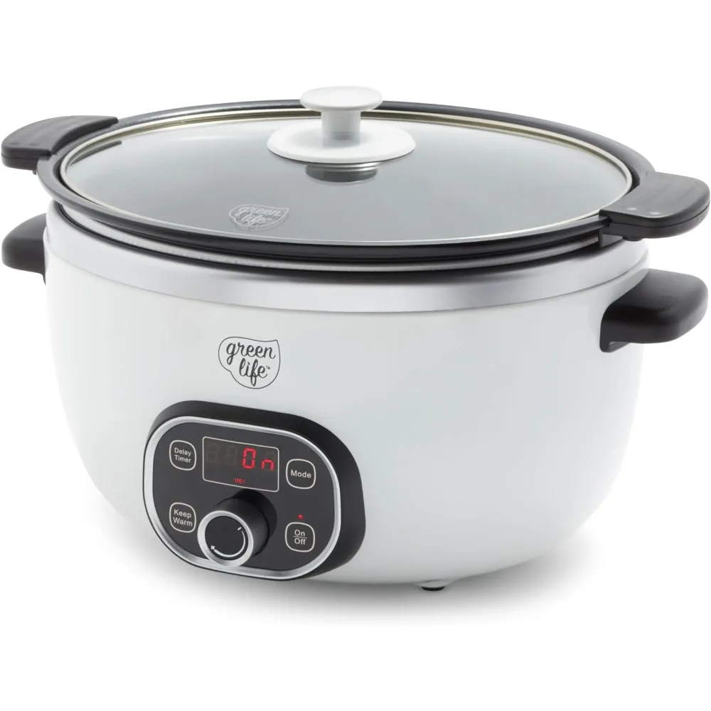 

Healthy Ceramic Nonstick Programmable 6 Quart Family-Sized Slow Cooker, PFAS-Free, Removable Lid and Pot, Digital Timer