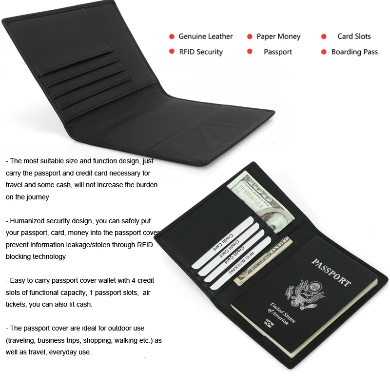 Genuine Leather Passport Holder Cover Case Rfid Blocking Travel Wallet Id Card Case for Men Women Real Leather Passport Carrier