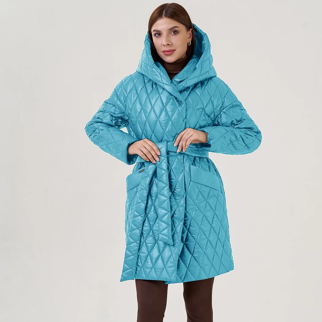 Winter Rhombus Long Parkas Women 2022 Thick Warm Lace Up Hooded Coat Padded Jackets Female Casual High Quality Fashion Outwear