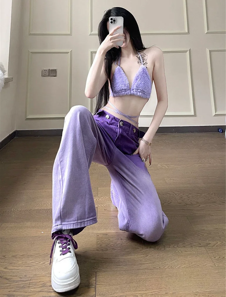 

New Purple High Waist Jeans Women Jeans Loose Casual Hip Hop Straight Vintage Streetwear Baggy Wide Leg Denim Trouser Ladie