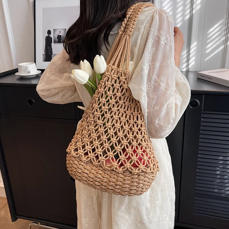 Fashion Women Bag Cotton Thread Summer Beach Bag For Lady Knitted Straw Large Woven Handbag Casual Tote Shoulder Shopping bag