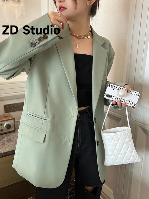 

[ZD Studio] Women Green Pockets Size Elegant Blazer New Lapel Long Sleeve Loose Fit Jacket Tide Spring Autumn 2023