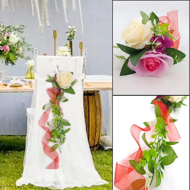 

Wedding Chair Signs Artificial Flowers Rose with Chiffon Ribbons for Wedding Ceremony Reception Church Chair Bench Decoration