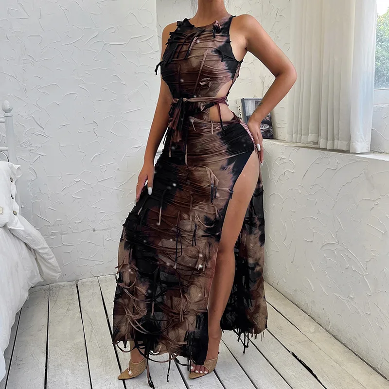 

Sleeveless Patchwork Tassel Hollow Out Slit Sexy Bodycon Maxi Dress Summer Women Fashion Outfit Streetwear Rave Party