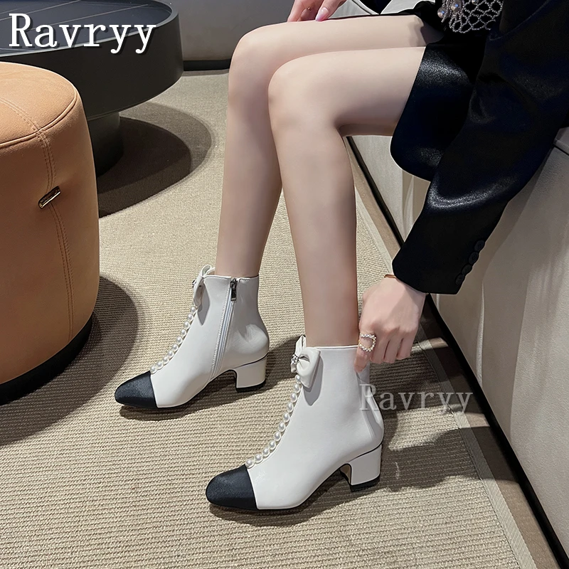 European and American 2023 New Thick Heel Short Boots Butterfly-Knot Pearl Decor Pointed Toe Women's Ankle Boots