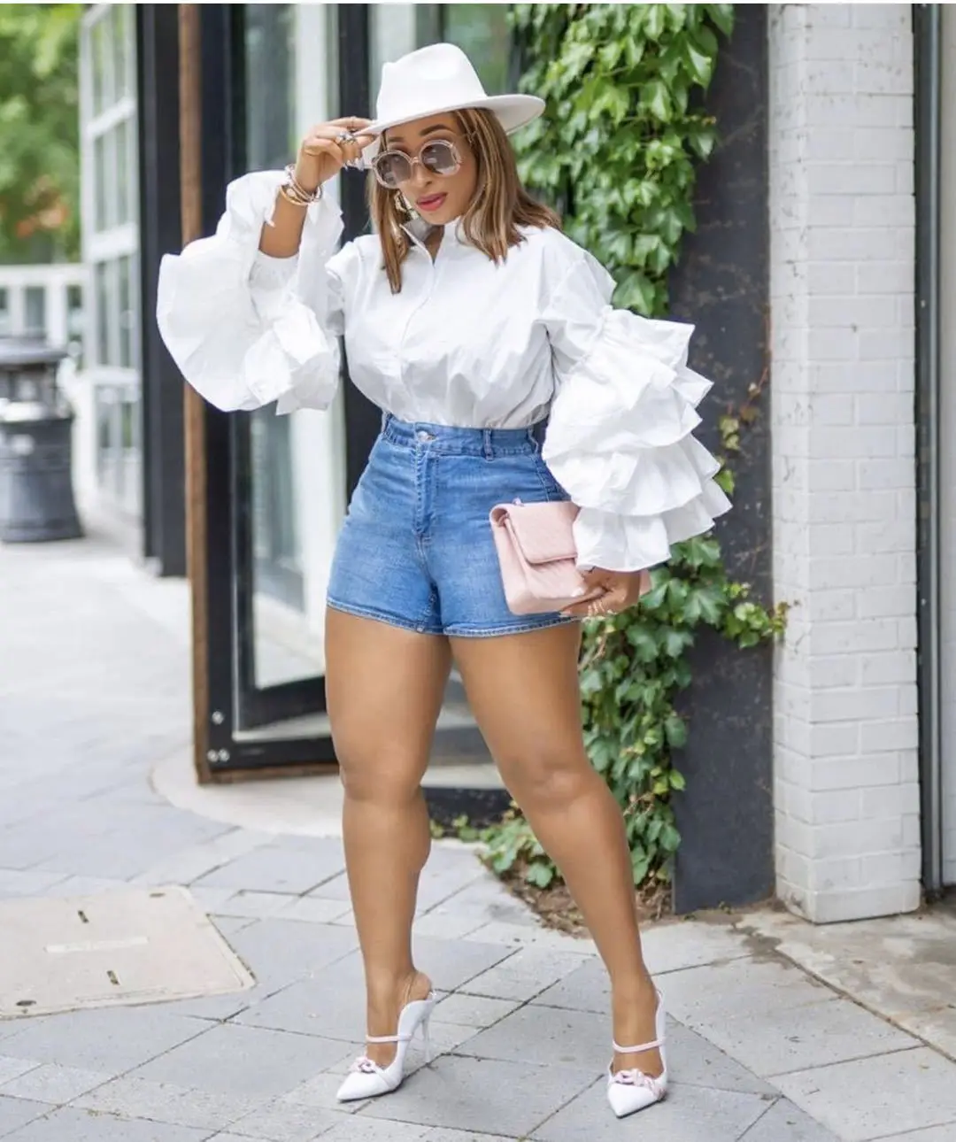 

Button Down Shirt Women Casual Solid Butterfly Ruffle Sleeve Half High Collar Pile Up Shirts Top Blouse