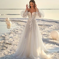 tixlear stunning beach wedding dress 2022 for women off shoulder princess tulle lace puff sleeves court train civil bride gown