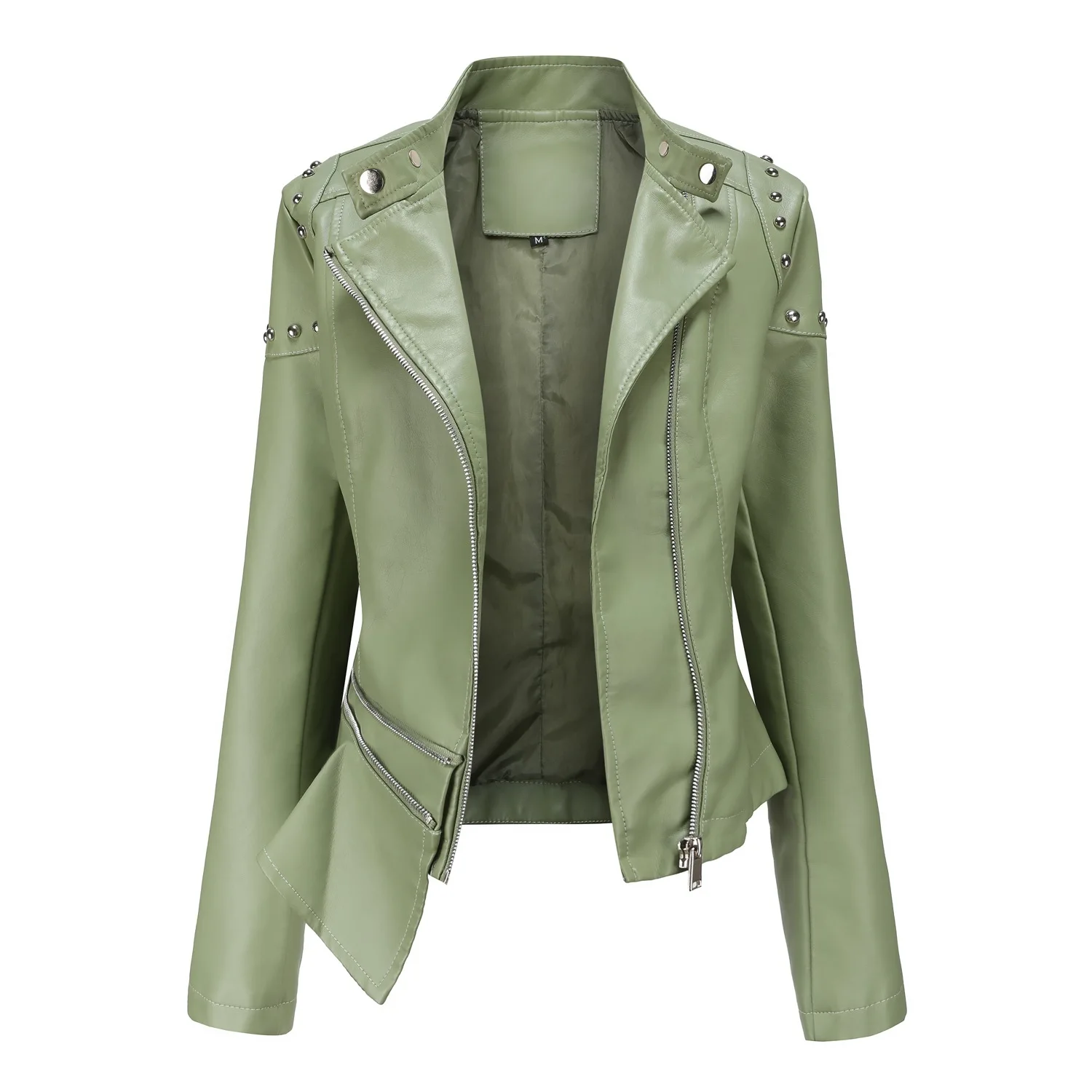 2022 New Rivets Fashion Standing Collar Leather Jacket Female Solid Color Jacket Female Spring and Autumn Jacket Women's Irregul enlarge