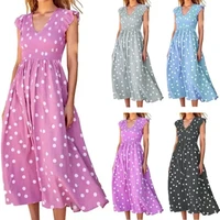 summer womens dresses long o neck print polka dot print buttons casual loose lace up woman sleeveless dress robe femme clothes