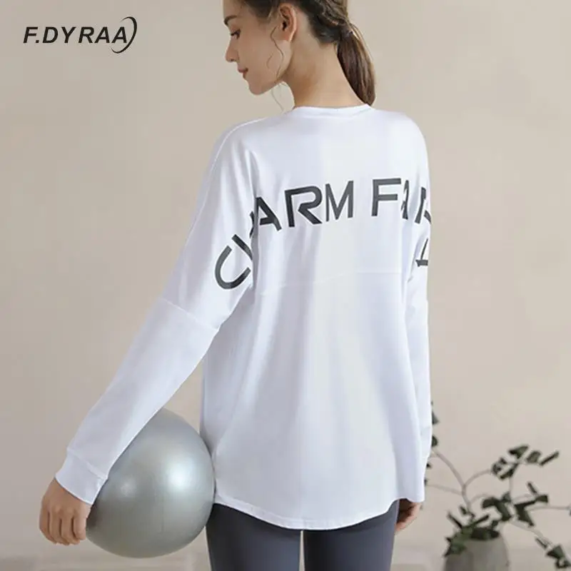 

F.DYRAA женские рубашки для занятий йогой Свободный Топ с длинным рукавом модная быстросохнущая футболка с круглым вырезом Спортивная одежда ...