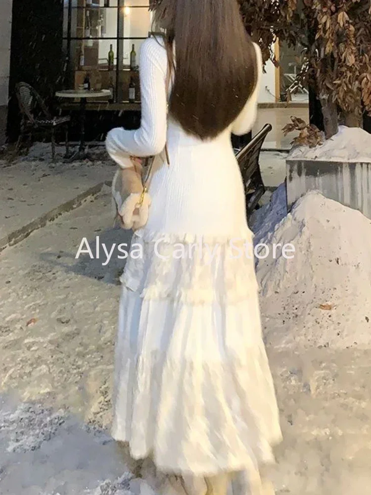 Весна 2024 элегантное вязаное платье женское кружевное лоскутное Koeran миди