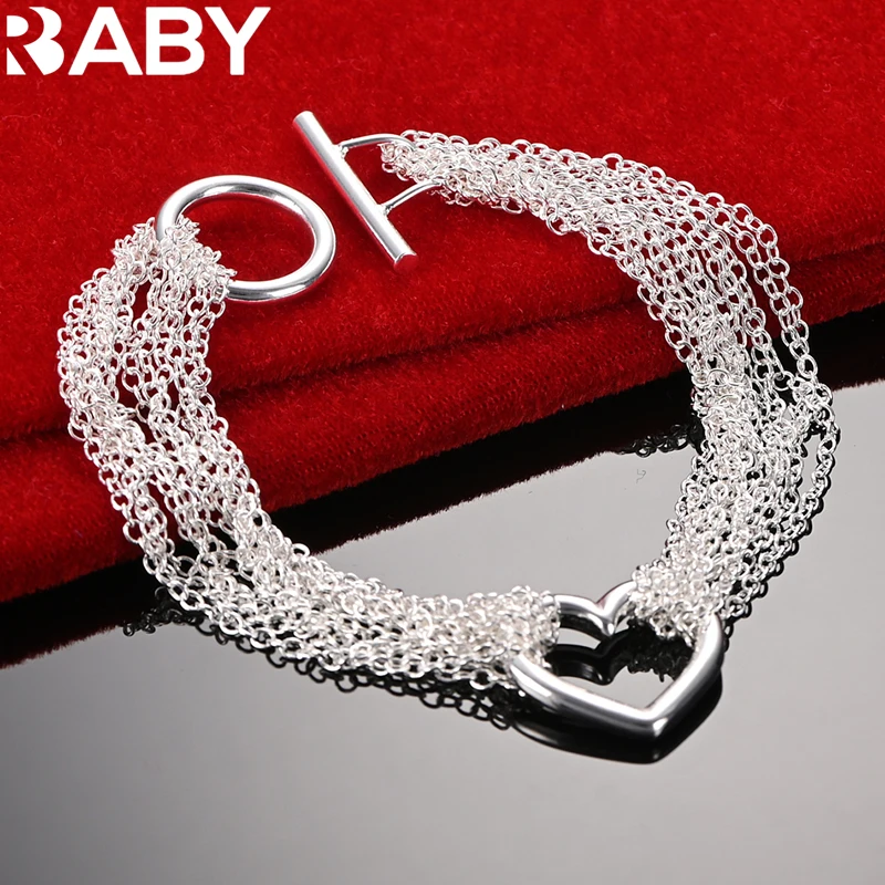 

URBABY 925 Sterling Silver Tassels Multi-Chain Heart Bracelet For Woman Fashion Charm Wedding Party Jewelry Valentine's Day Gift