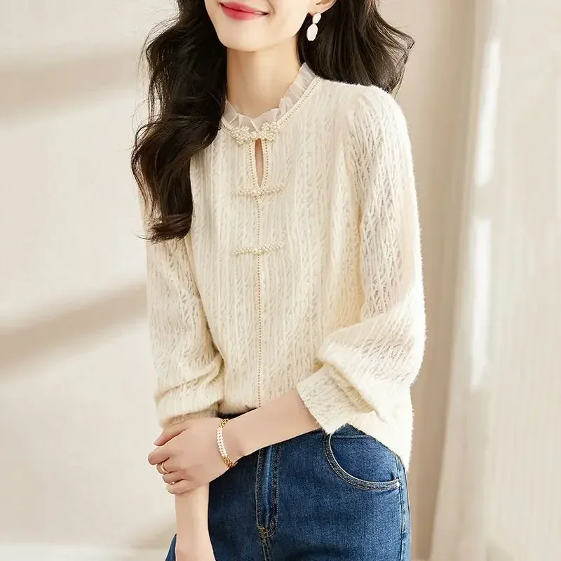 Женские блузки с рюшами M-5XL нежные винтажные китайские пуговицы утепленные