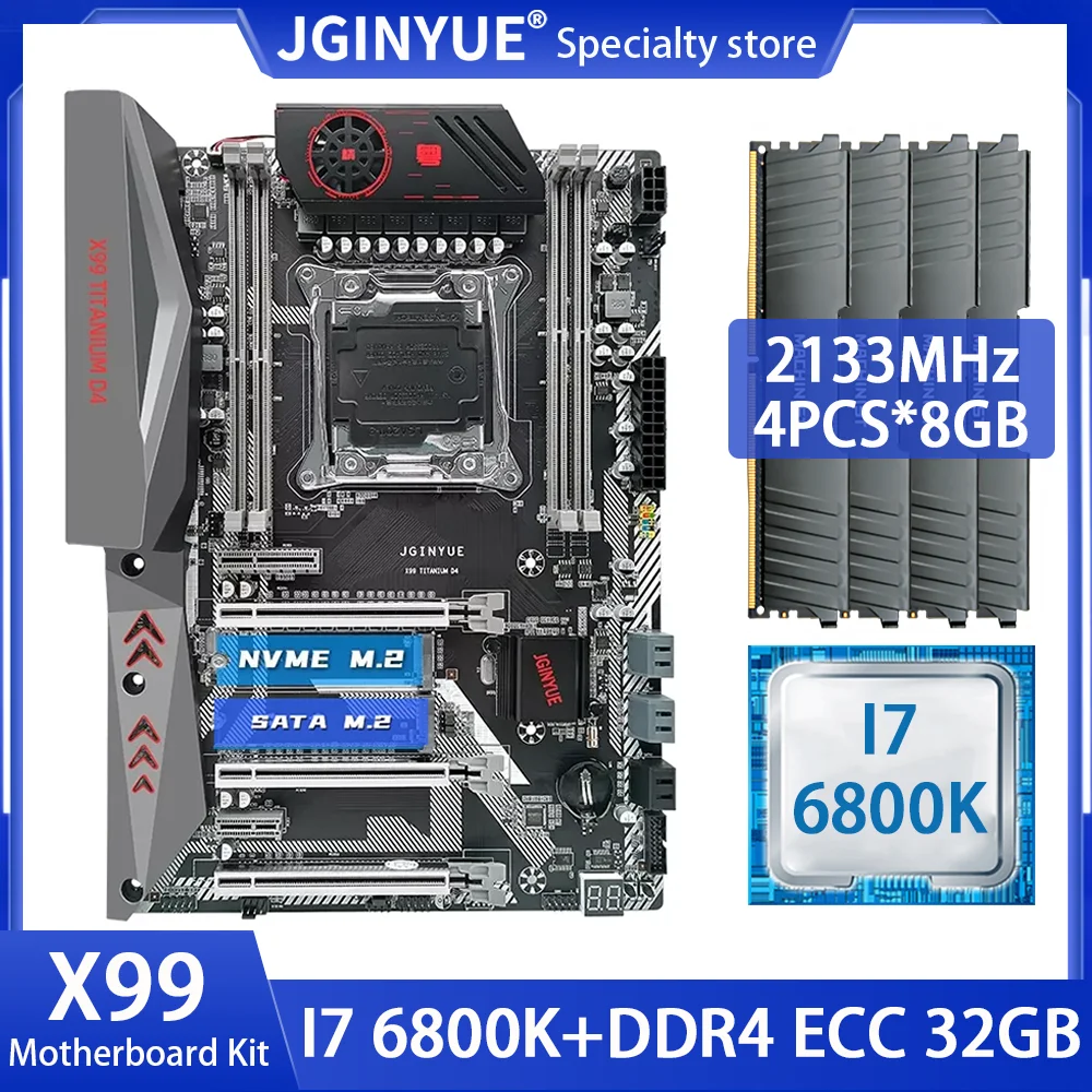 Комплект материнской платы JGINYUE X99 LGA 2011-3 с процессором I7 6800K 32 ГБ = 8 Гб * 4 DDR4 ECC RAM