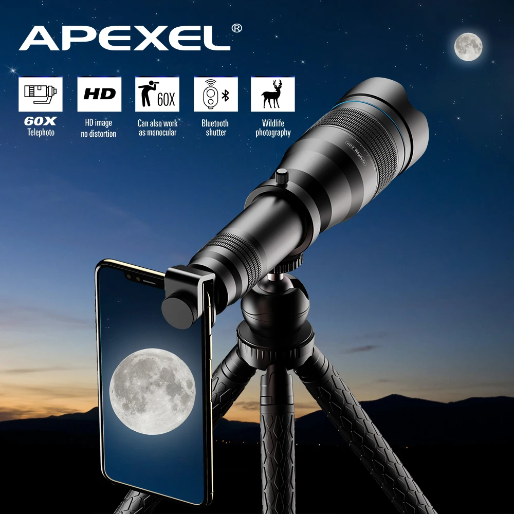 APEXEL Профессиональная HD телеобъектив с зумом для телефона 20-60X мощный