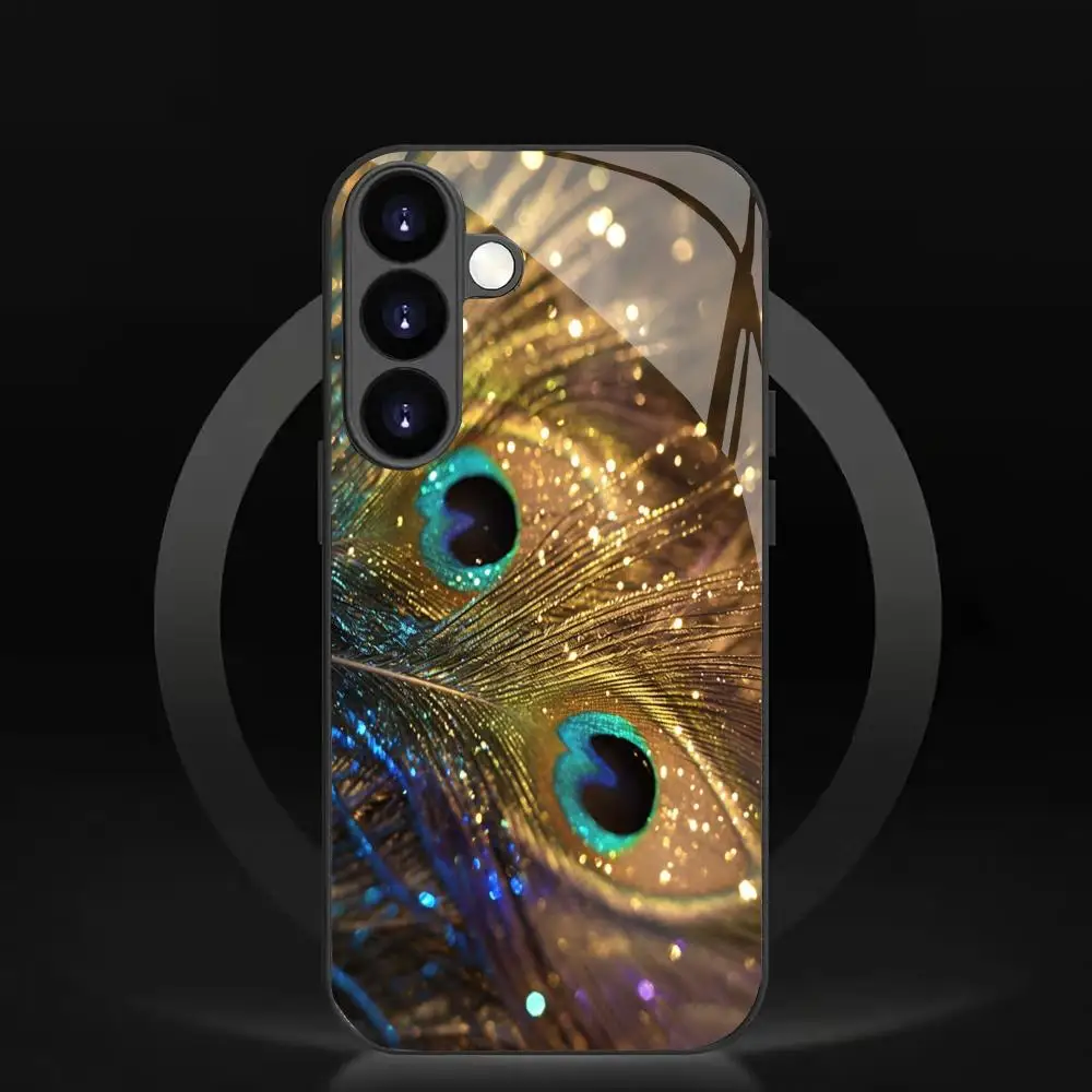 Чехол для телефона из закаленного стекла с узором «Павлинье перо» для Samsung Galaxy S26 S25 S24 S23 S22 S20 FEUltraPlus, противоударная задняя крышка (art.: 3920d960d323b) - 3920d960d323b