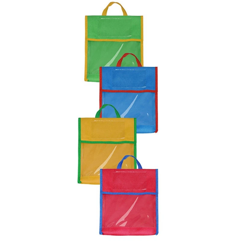 

4 Set Pvc Book Bags Book Pouch Bags Book Protector Pouch With Stitched On Handle And Clear Name Tag Pockets For Kids
