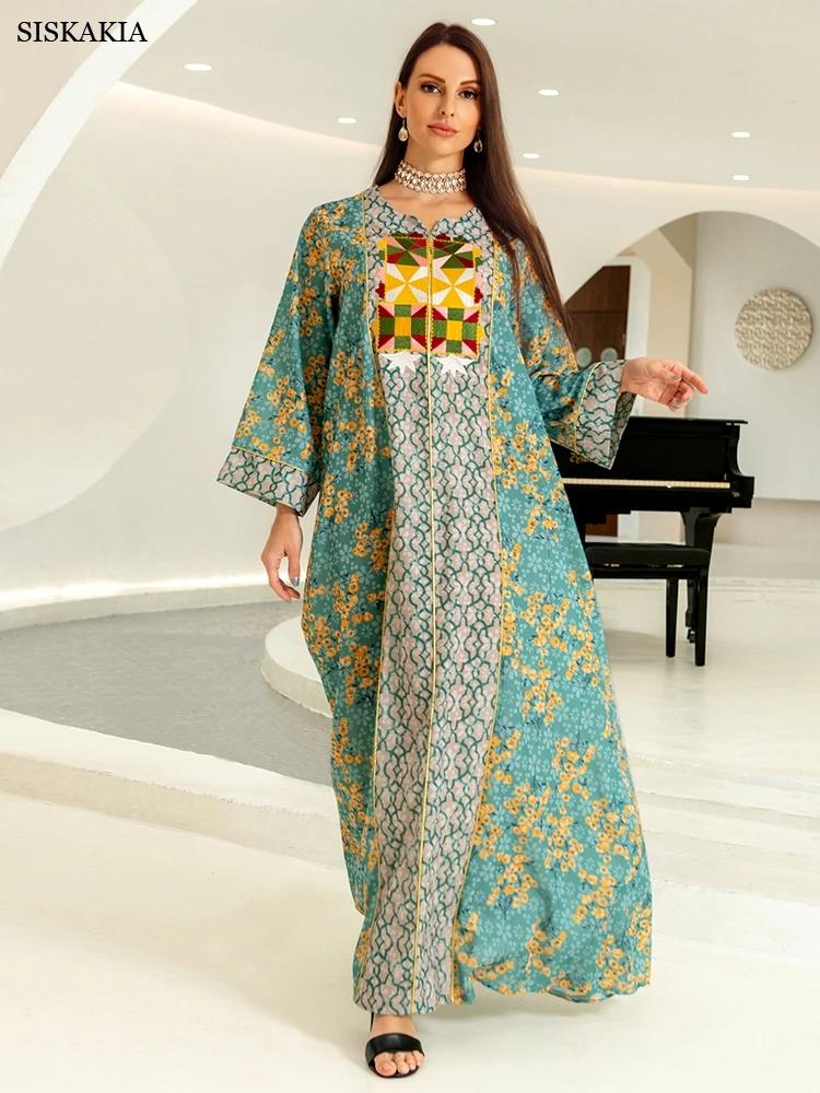 

Siskakia Full Cotton Jacquard Embroidery Moroccan Jalabiya Elegant Ethnic Floral Long Dresses for Women Dubai Arab Islam Clothes