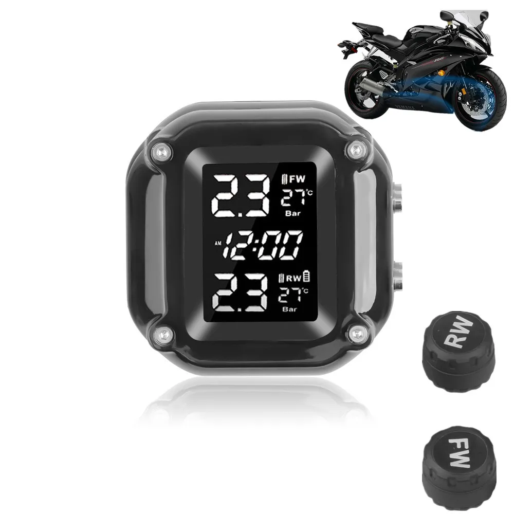 

Motorcycle TPMS Motor Tire Pressure Tyre Temperature Monitoring Alarm System With 2 External Sensors Magnetic USB Quick Charging