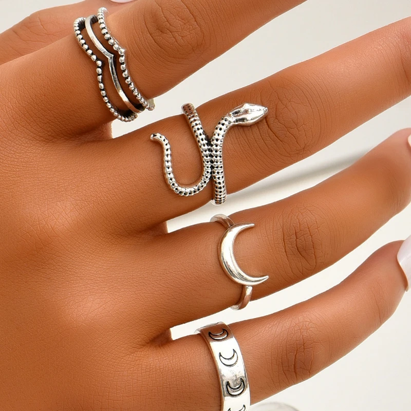 

Fashion Silver Snake Knuckles Finger Ring Heart Moon Girls Womens Sets Punk Style Rings Female Jewelry
