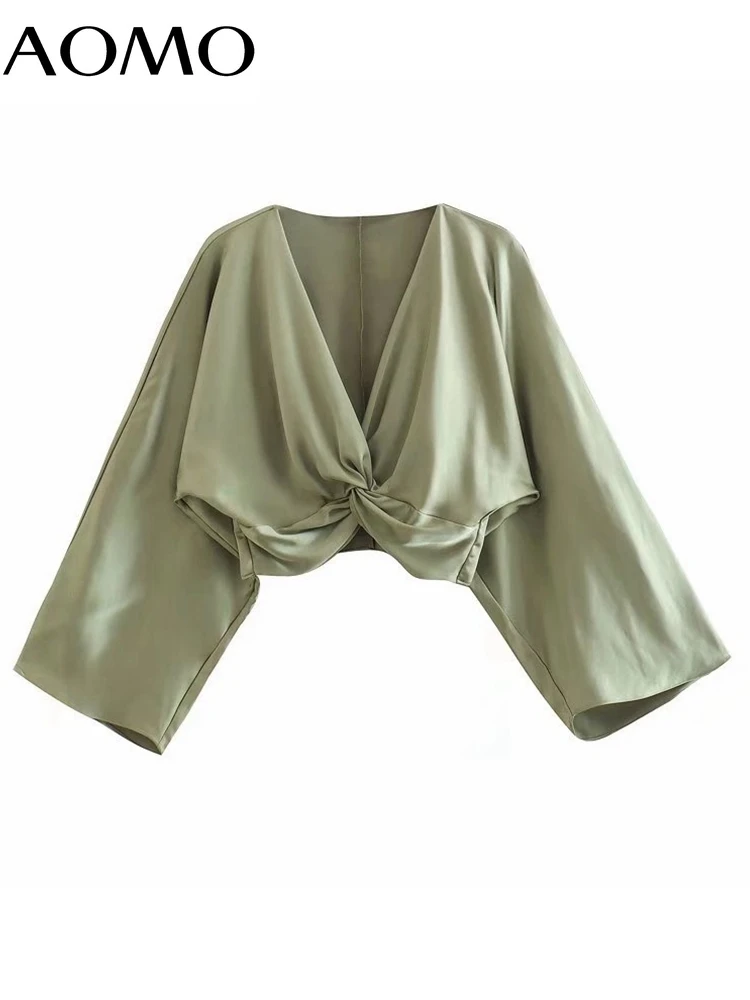 

AOMO Women Retro Green Bow Satin Crop Shirt Blouse Long Sleeve Chic Female Tops 6P49A