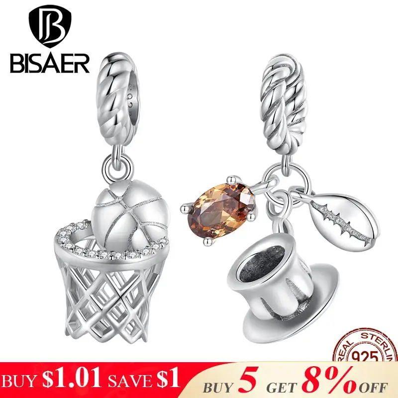 

BISAER 925 Sterling Silver Basketball Charm Bead Coffee Cup Pendant For Sport Women DIY Bracelete Necklace Fine Jewelry Gift