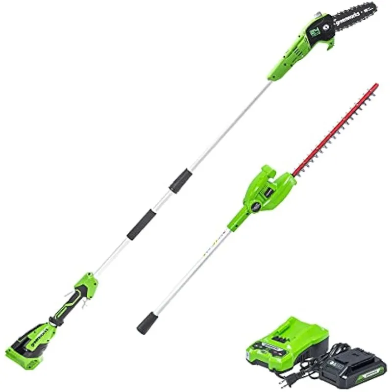 

24V 8" Cordless Polesaw + 20" Pole Hedge Trimmer Combo (Great For Pruning and Trimming Branches / Shrubs), 2.0Ah Battery