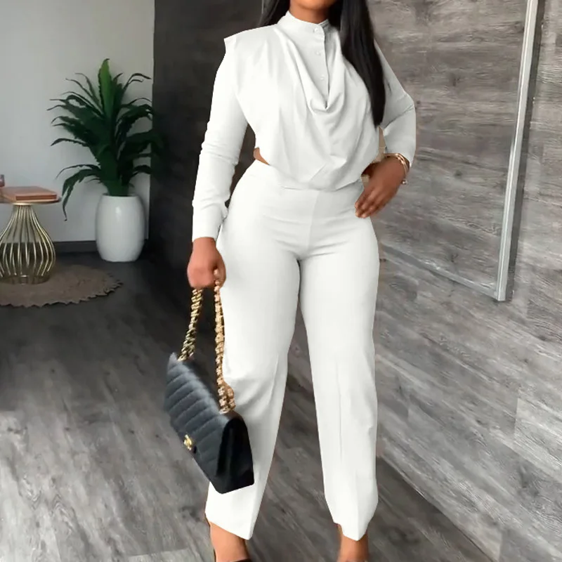 

Женский офисный костюм из двух предметов, элегантная рубашка на пуговицах с рюшами и однотонные брюки, облегающий костюм с длинным рукавом, ...