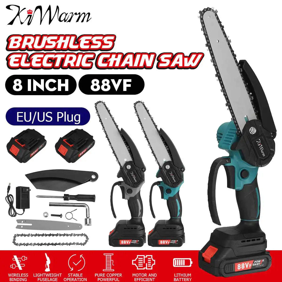 KiWarm 8 Inch 88V Brushless Chain Saw Cordless Electric Chainsaw Mini Handheld Pruning Saw Woodworking Electric Saw Cutting Tool