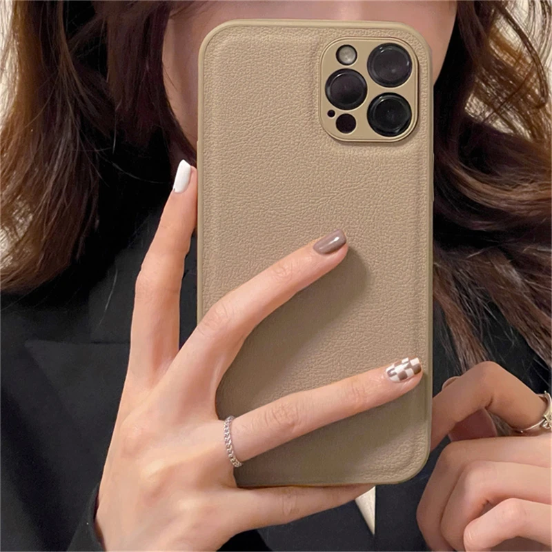 

Korean Luxury Simple Leather Phone Case For iPhone 13 12 11 Pro XS Max X XR 7 8 Plus SE Winter Brown Soft Silicone Back Cover