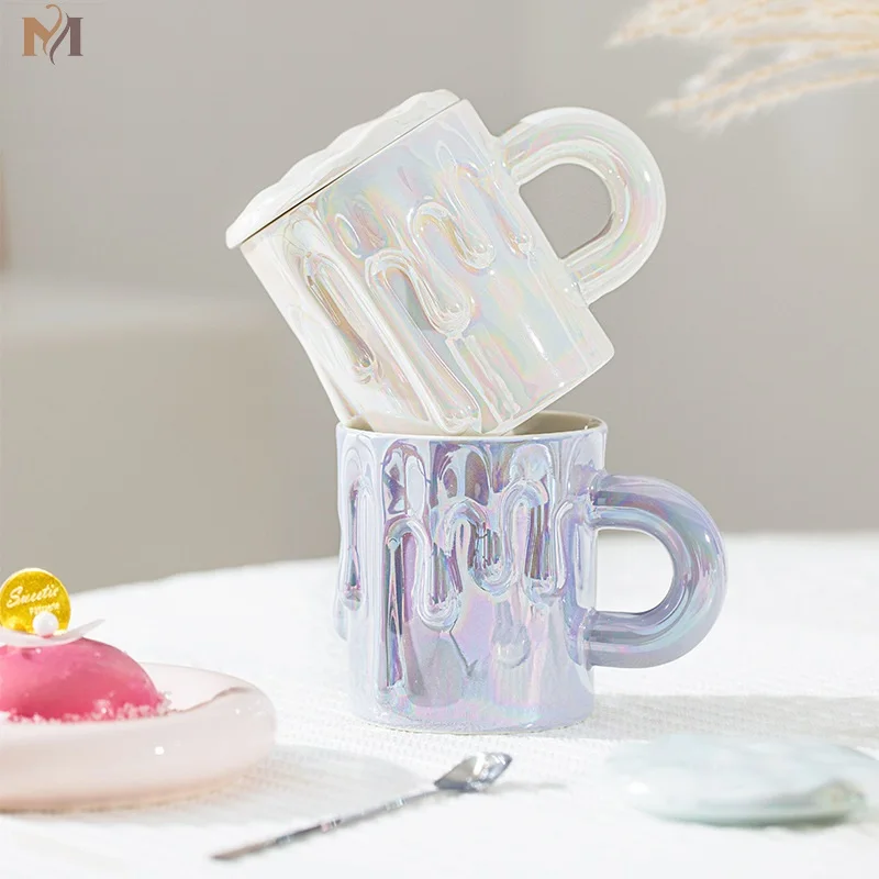 

Pearl Glaze Relief Ceramic Mug With Spoon Coffee Creative Office Office Tea Drink Drinkware Couples Gift