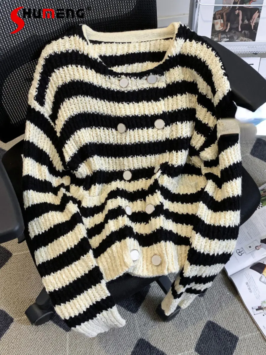 

High-Grade Double-Breasted Striped Sweater Coat Women's Autumn and Winter Outer Wear Cardigan Idle Style Short Knitwear