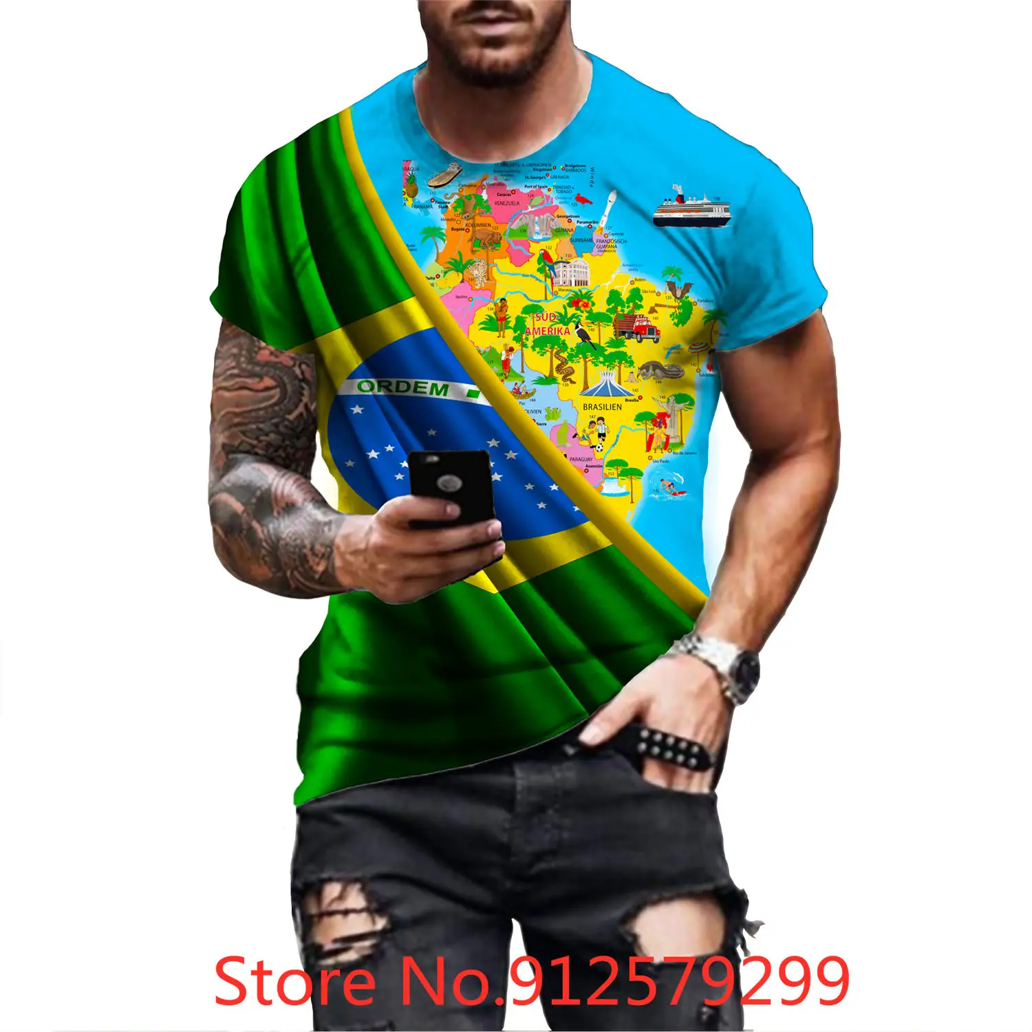 Мужская футболка с коротким рукавом 3D-принтом бразильского флага в стиле