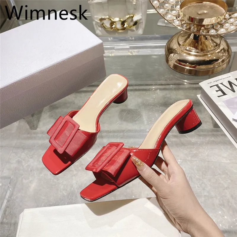 

Летние Новые квадратные женские тапочки, удобные женские туфли из натуральной кожи на высоком каблуке, с квадратной пряжкой и кристаллами