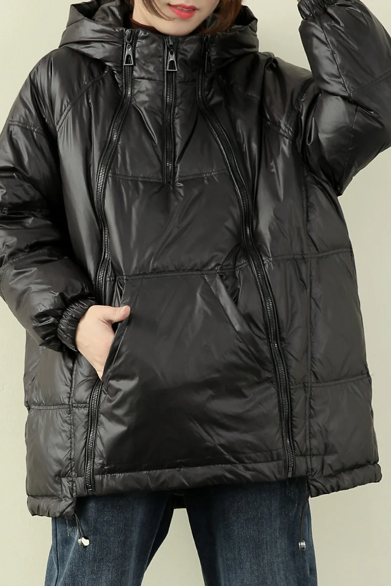 Winter Down Coat Women Hooded Loose White Duck Down Coats Female Zipper Pocket Parkas Short Puffer Jacket Fashion Black images - 6