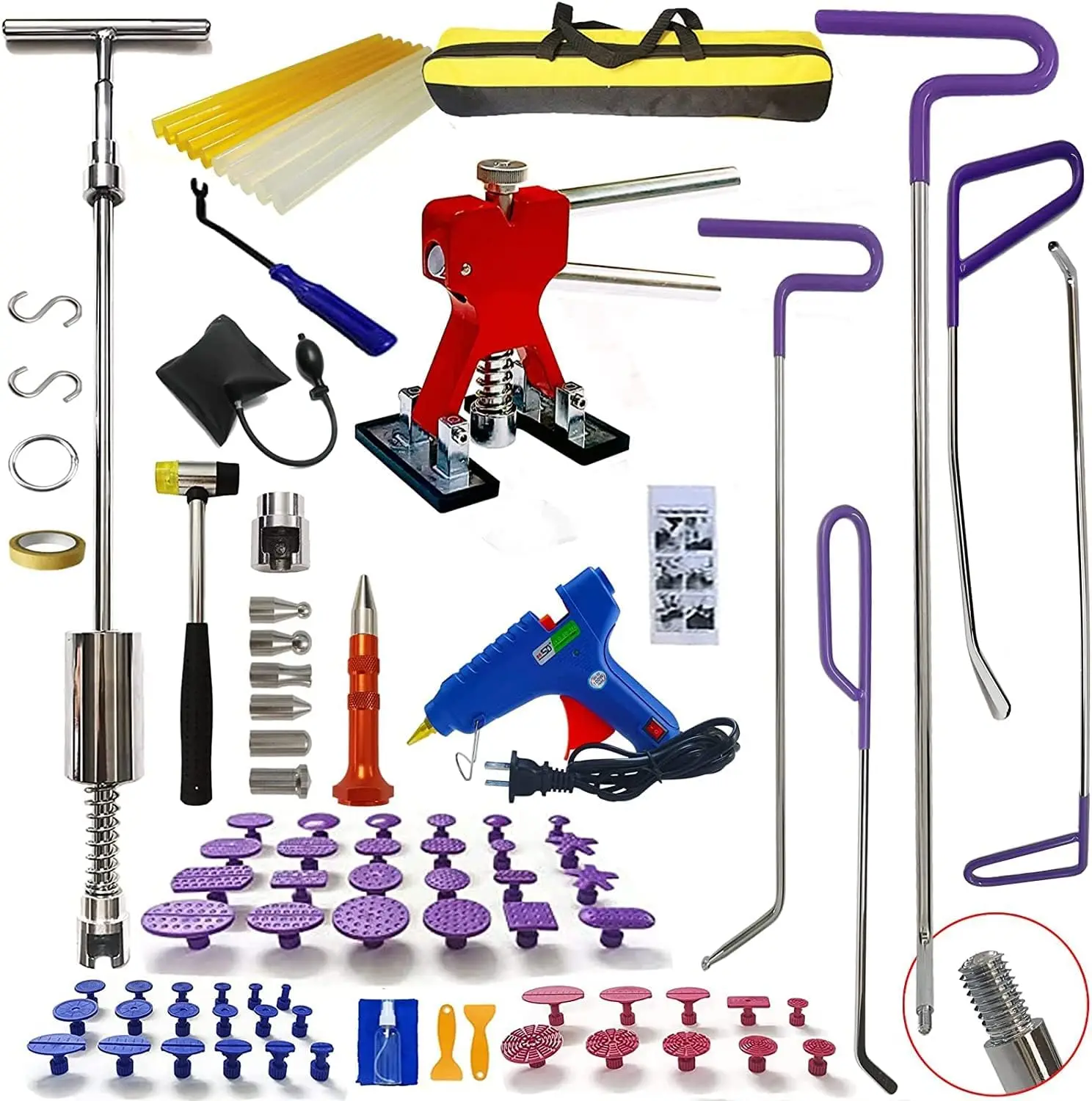 

Car Body Dent Repair Kit, Slide Puller Tabs Hook Rods Hammer Stainless Steel Pen, Car Body Work Glue , Red Dent Lifter and More