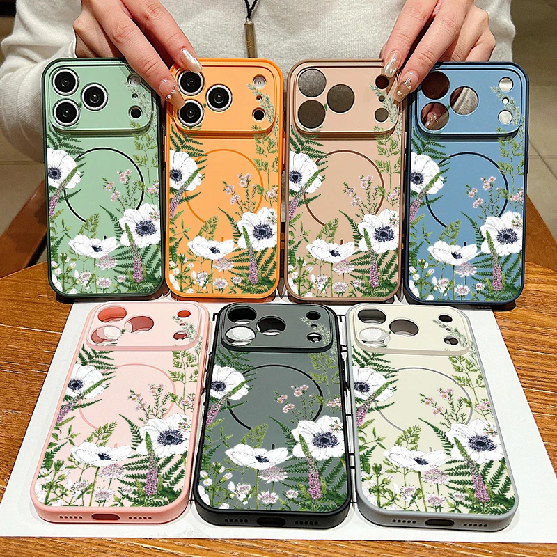 Фото Чехол INS с рисунком белых цветов для iPhone 17 Pro Max, магнитный, для Magsafe, тонкий матовый чехол для iPhone 16 15 14 13 Pro Max №5