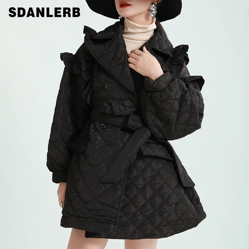 

Women's Cotton-Padded Clothes 2021 New Loose Mid-Length Double-Breasted Coat Lace-up Solid Color Loose Jacket Ladies Parkas
