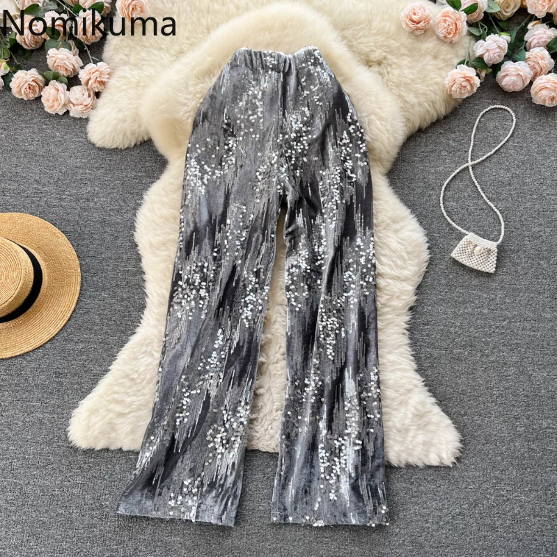 

Nomikuma Pantalones De Mujer Autumn Winter Wide Leg High Waist Sequined Patchwork Pants Women Vintage Elegant Trousers Women