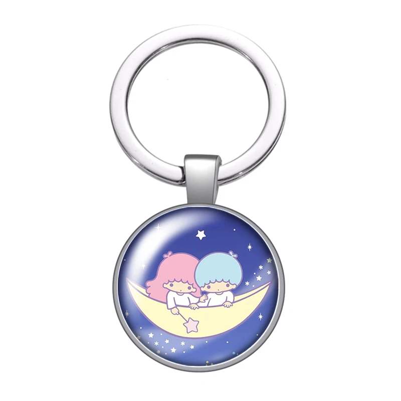 MINISO Little Twin Stars Cute Cartoon Photo cabochon key chain Ring Holder Charms silver color pendant for Kid