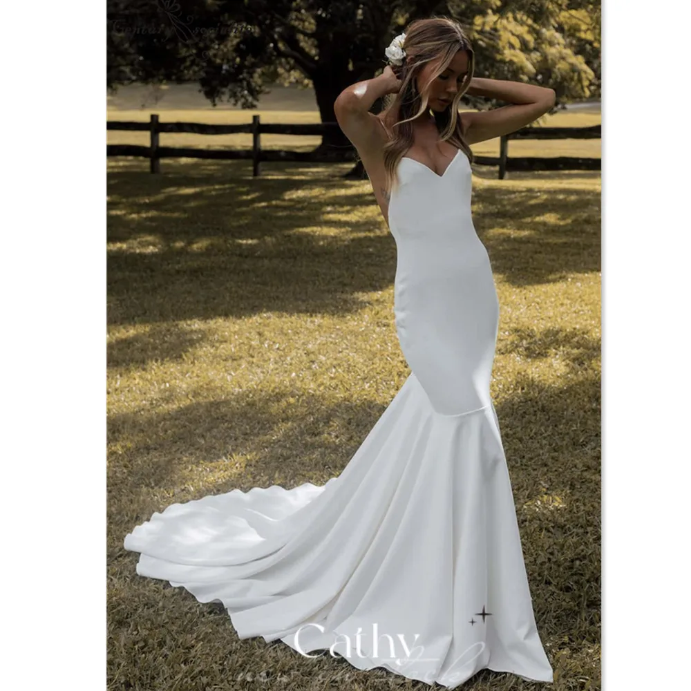 

Женское свадебное платье с юбкой-годе Cathy, атласное платье с тонкими бретельками, со шлейфом, в стиле бохо, для невесты