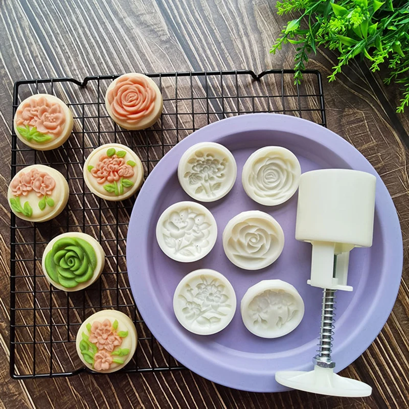 

6Pcs/Set 50g Mooncake Mold Rose Pattern Stamps Hand Press Mold Plungers Pastry Tools Mid-autumn Festival Fondant Moon Cake Mould
