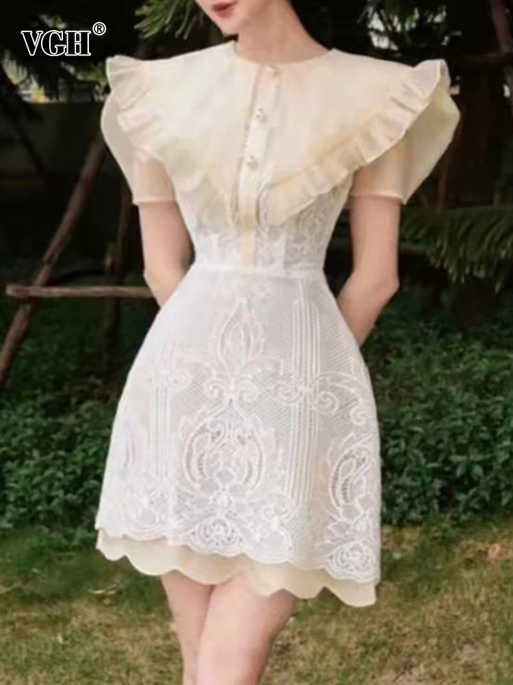 

VGH Solid Spliced Ruffles Dresses For Women Round Neck Short Sleeve High Waist Embroidery Elegant Mini Dress Female Clothing