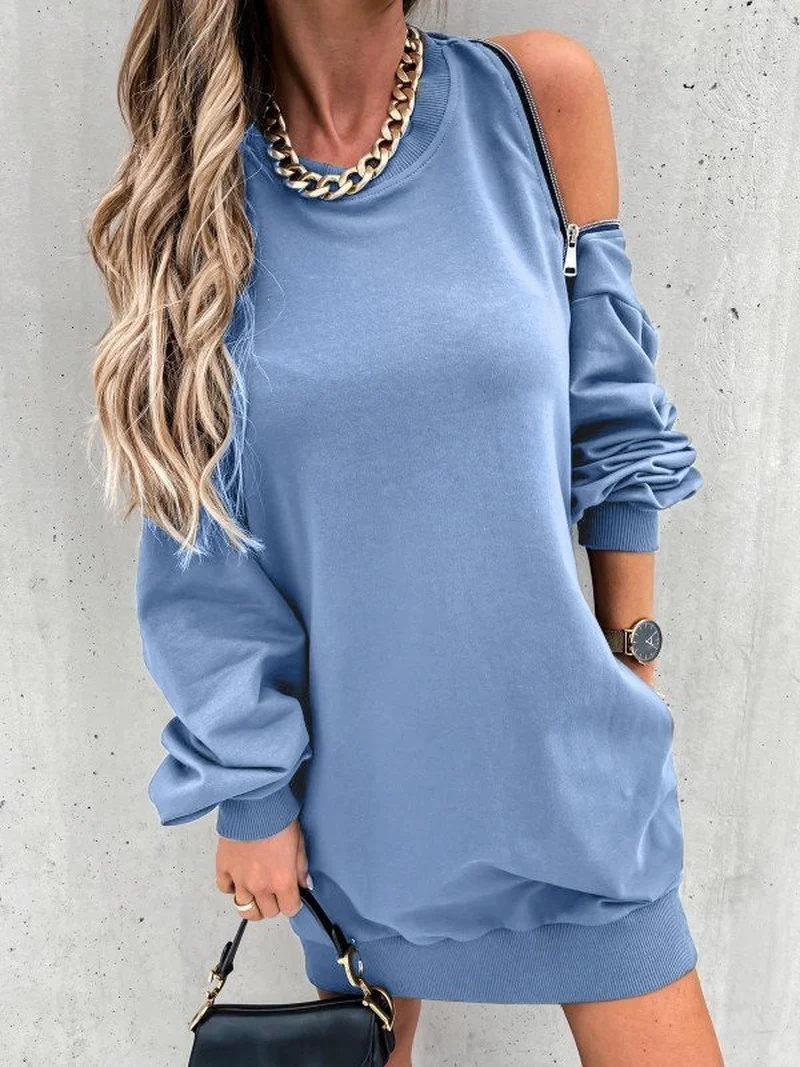 

2022 New Zipper Off Shoulder Dress Women oversized O-neck Long Sleeve loose Casual shirt Dresses Autumn Ladies Y2K Streetwear