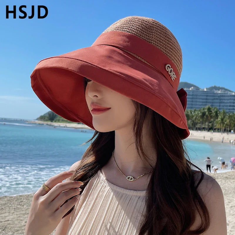 Пляжная шляпа с бантом и широкими полями для женщин однотонная Панама от солнца
