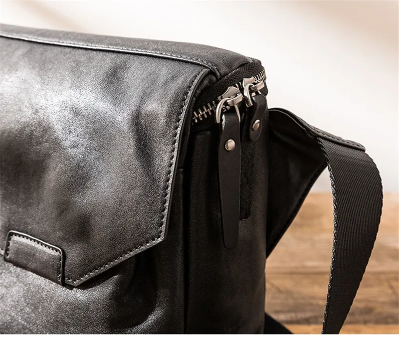 Fashion casual luxury genuine leather men's black messenger bag outdoor work commuting natural real cowhide tablets shoulder bag