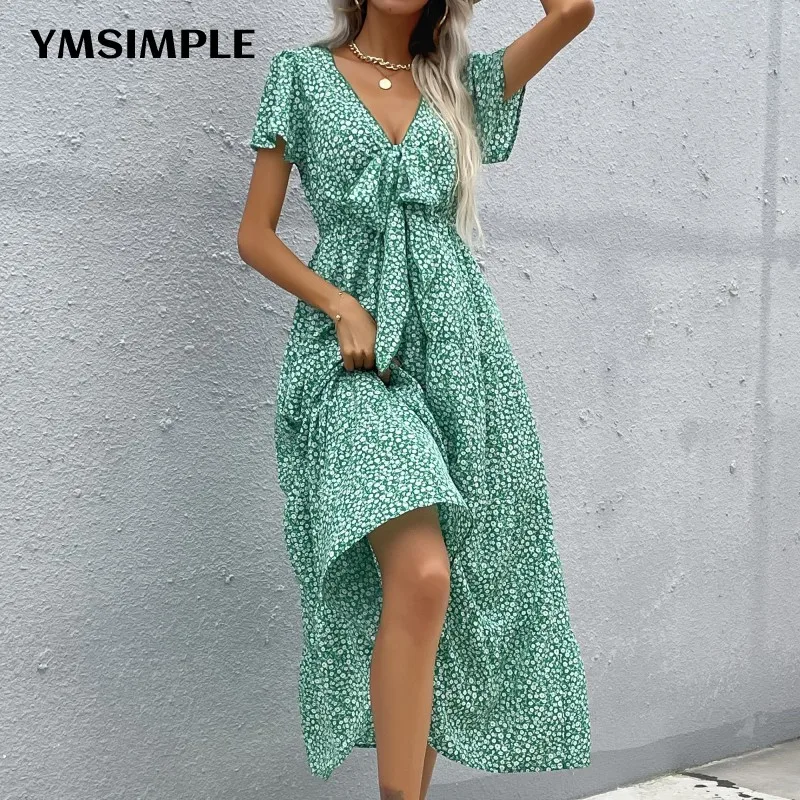 

Элегантные зеленые туники с высокой талией и цветочным принтом, длинные пляжные платья, женская одежда, Повседневный Сарафан с высокой тали...