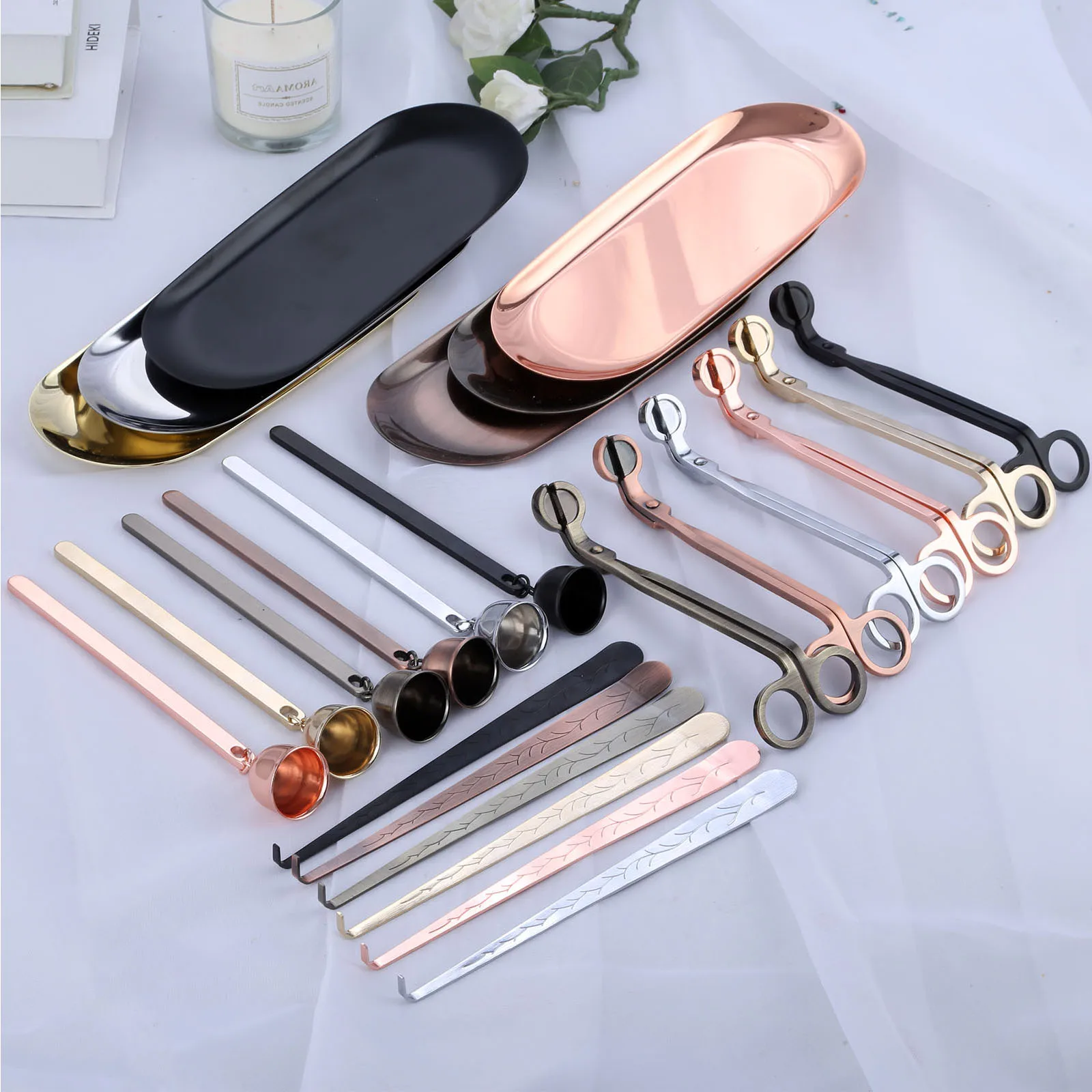 

4Pcs/set Metal Candle Accessories Candle Wicks Trimmer Cutter Scissors Candle Snuffer Trimmer Hook Dipper Extinguisher Tool Tray