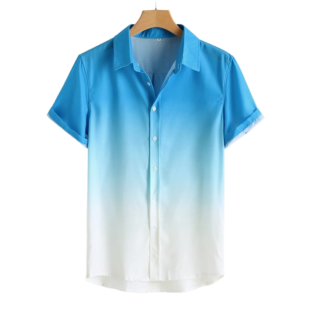2022 Summer Men's Short Sleeve Hawaiian Shirt Casual Gradient Dyed Cotton Linen Thin Collar Breathable Cool Shirt
